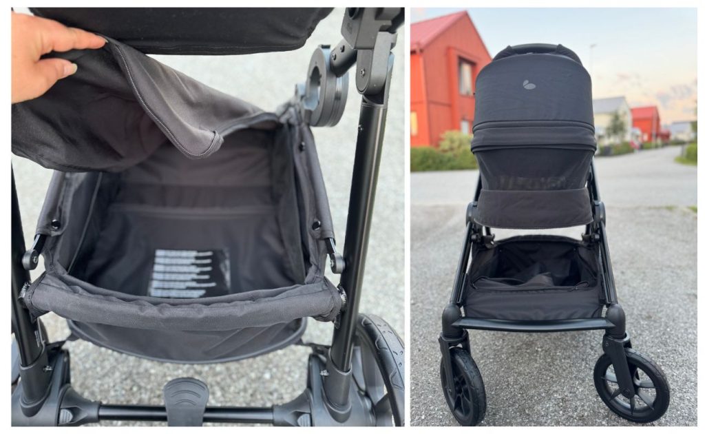 bild på varukorgen i beemoo pro multi 2 till vänster, liggdelen framifrån med öppen ventilationslucka till höger